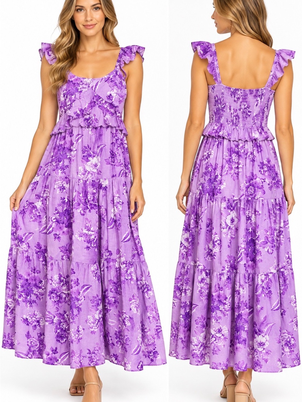 Flying Tomato NWT Lavender Floral Ruffle Tiered Maxi Dress M 100% cotton